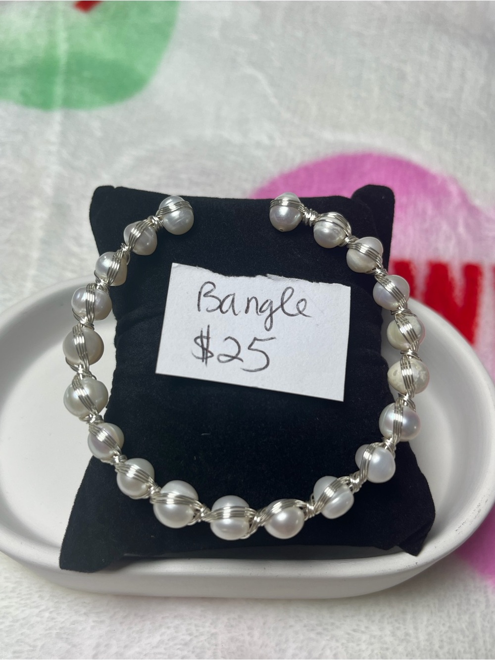 Silver Pearl Bead Bangle Bracelet - Elegant Women's Jewelry